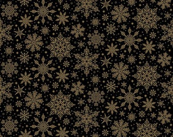 Poinsettias at Christmas Quilt Fabric Snowflakes Black Foil CF17635-BLACK