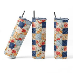 May include: Three stainless steel tumblers with a quilted pattern featuring a patchwork design of blue, yellow, and red floral fabric.
