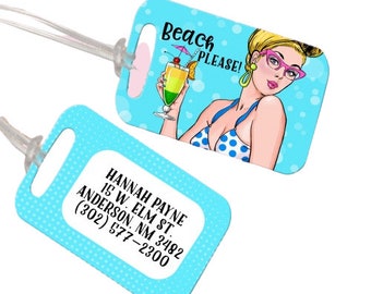 Beach Please/FREE SHIPPING/luggage tag/funny luggage tag/retro luggage tag/custom luggage tag/monogrammed luggage tag/vacation/luggage/gift