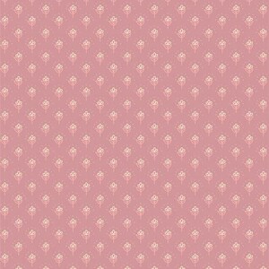 May include: A seamless pattern featuring a repeating design of small, stylized flowers in a pale yellow color on a light pink background.