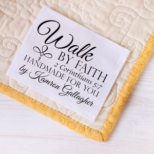 Bible verse quilt labels/Inspirational quilt labels personalized and printed on polyester or cotton fabric with sew-on backing