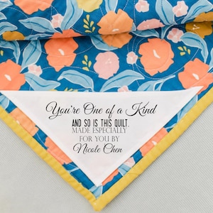Personalized Corner Quilt Label – “You’re One of a Kind and So Is This Quilt” – Custom Triangle Quilt Label