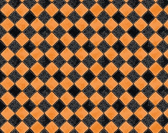 Tela de colcha de Halloween con diseño de telarañas a cuadros en naranja/negro de Wilmington Prints
