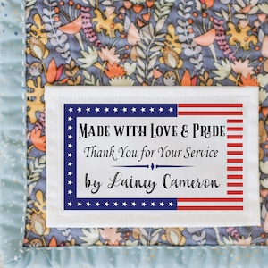 Patriotic Quilt Labels in Cotton or Polyester. Personalized with your name. This set of 6 labels is available in sew on form.