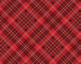 Poinsettias at Christmas Quilt Fabric Plaid Red Foil CF17633-RED