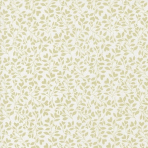 May include: Off-white fabric with a repeating pattern of olive-green leaves and heart-shaped elements. The design features delicate vines with small leaves and heart shapes, creating a natural, botanical theme. The fabric has a subtle, textured appearance.