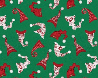 Snowy Gnomies Christmas Quilt Fabric 3074 49374 713 Hat Toss Green