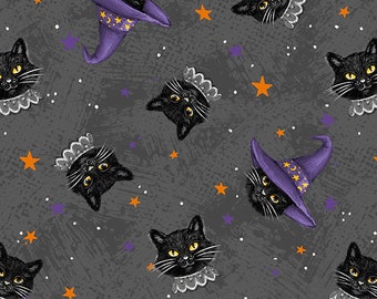 Tela negra con diseño de cabeza de gato para Halloween de Wilmington Prints