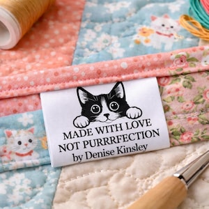 Made With Love Not Purrfection Sewing Labels, Personalized Cat Sewing Tags, Custom Satin Fold Over Labels, Handmade Cat Quilt Tag, Set of 25