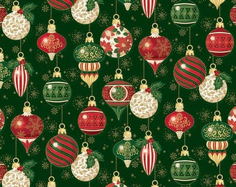 Poinsettias at Christmas Quilt Fabric Ornaments Green Foil CF17631-GREEN