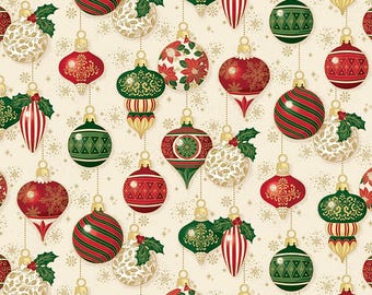 Poinsettias at Christmas Quilt Fabric Ornaments Cream Foil CF17631-CREAM.
