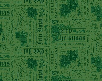 Poinsettias at Christmas Quilt Fabric Text Green C17632-GREEN