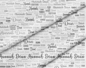 Custom printed name or word fabric. 12 x 18&quot; custom fabric panel. Black and gray lettering printed on non-stretch, textured polyester