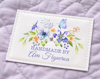 Personalized Handmade By Quilt Label with Flowers and Butterfly – Custom Maker Name Quilt Tag – Sew On Quilt Label