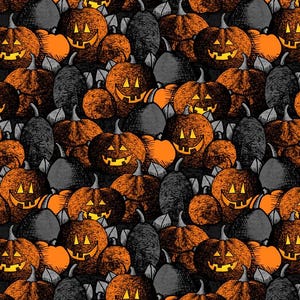 May include: A seamless pattern of orange and black jack-o'-lantern pumpkins with carved faces. The pumpkins are arranged in a random pattern and are drawn in a hand-drawn style.