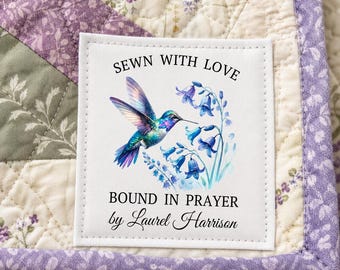 Made with Love Bound in Prayer Personalized Hummingbird Quilt Label | 2.5x2.75" Custom Quilt Tag/6 labels per sheet