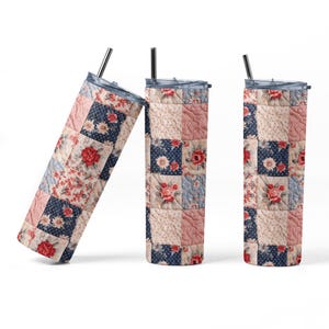 May include: Three stainless steel tumblers with a patchwork design featuring red, blue, and cream floral patterns. The tumblers have lids and straws.