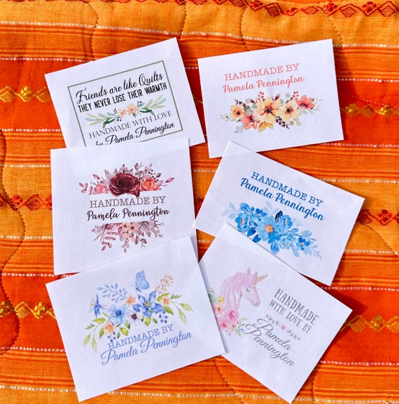Floral Quilt Label Assortment - Handmade Quilt Label Assortment on cotton or polyester. Set of 6 assorted labels as shown in photos