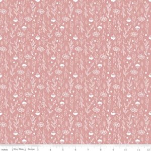 May include: A seamless fabric pattern featuring a repeating design of white floral and botanical line drawings on a dusty rose background. The design includes various leaf shapes and flower clusters, creating a delicate and natural aesthetic.