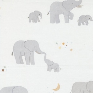 May include: A repeating pattern of gray elephants of various sizes on a white background. Some elephants are depicted with their trunks raised. The design includes small stars and a crescent moon in muted colors.