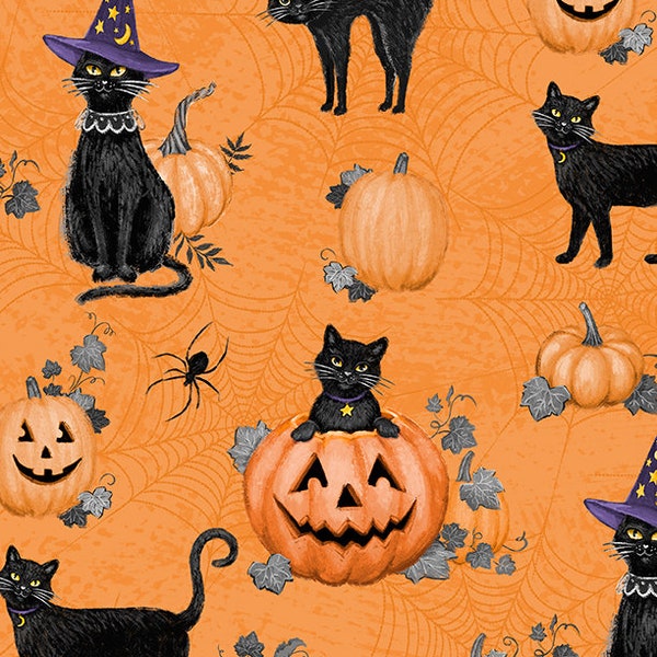 Cat and Pumpkins All Over Orange Halloween Quilt Fabric by Wilmington Prints