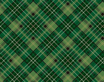 Poinsettias at Christmas Quilt Fabric Plaid Green Foil CF17633-GREEN