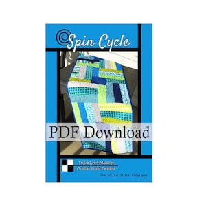 May include: PDF download pattern for a table runner called "Spin Cycle" by Tricia Lynn Maloney for Villa Rosa Designs. The table runner is made with blue, green, and white fabrics in a geometric pattern.