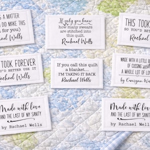 Sarcastic Quilt Label Assortment on White Cotton - Personalized Quilt Label Set of 8 printed on cotton.