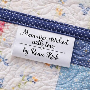 Personalized Satin Quilt Tag – Memories Stitched With Love – Custom Quilt Label – Fold Over Sew-In Quilt Tag – Quilt Maker Name Tag