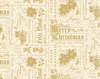 Poinsettias at Christmas Quilt Fabric Text Cream CF17632-CREAM