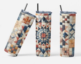 Quilt Pattern Tumbler 20 oz Skinny | Patchwork Travel Mug with Straw | Quilter Gift | Sewing Lover Cup | Vintage Quilt Design Drinkware