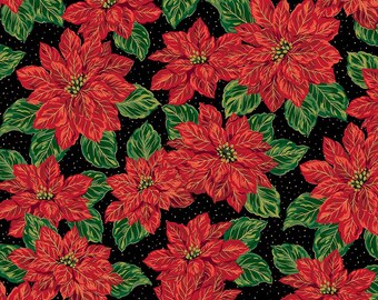Poinsettias at Christmas Quilt Fabric Main Black Foil CF17630-BLACK