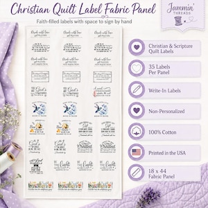 May include: A white fabric panel featuring 35 individual Christian-themed quilt labels with various religious quotes and illustrations. The panel includes text such as Made with love and prayers, Be strong and courageous, and Bee-lieve in His plan. The panel measures 18 x 44 inches.