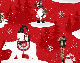 Snowy Gnomies Christmas Quilt Fabric 3074 49372 331 Scenic Gnomes Red