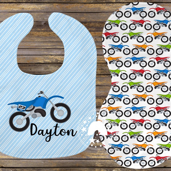 Motocross/dirt bike/motorcycle/Bib and Burp Cloth Set/You can purchase the bib alone or the set/Baby Shower gift/motorcycle baby gift