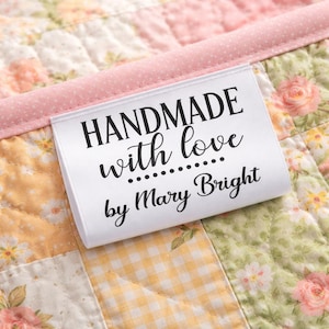 Made With Love Sewing Labels, Personalized Satin Sewing Tags, Custom Quilt Labels with Name, Fold Over Handmade Label, Sewing Labels Custom