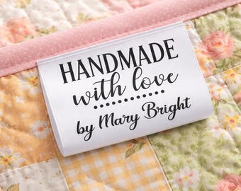 Made With Love Sewing Labels, Personalized Satin Sewing Tags, Custom Quilt Labels with Name, Fold Over Handmade Label, Sewing Labels Custom