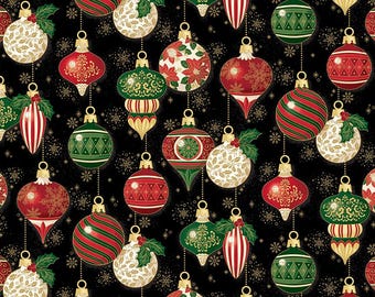 Poinsettias at Christmas Quilt Fabric Ornaments Black Foil CF17631-BLACK.