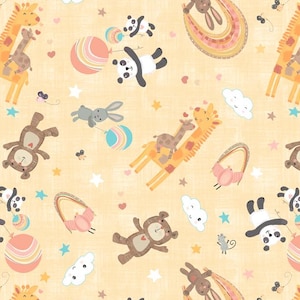 May include: A repeating pattern on a light yellow background featuring cartoon giraffes, pandas, bunnies, teddy bears, rainbows, clouds, stars, and balloons. The design has a whimsical, playful aesthetic, with soft pastel colors and a childlike charm.