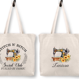 Stitch N Bitch Social Club Tote Bag for Quilters and Sewists. Funny, personalized tote large enough for your fabric haul or retreat.