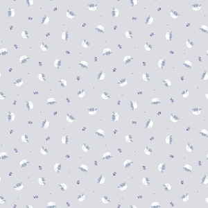 May include: A light gray fabric with a repeating pattern of white sheep with blue faces and small purple flowers. The sheep are scattered across the fabric, creating a whimsical and charming design.