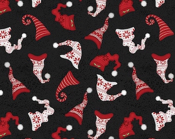 Snowy Gnomies Christmas Quilt Fabric 3074 49374 913 Hat Toss Black