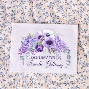 Personalized Floral Quilt Label – Handmade By Custom Quilt Label with Name – Purple Flower Quilt Label – Cotton – Sheet of 9
