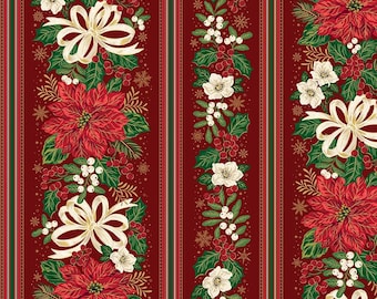 Poinsettias at Christmas Quilt Fabric Border Strip Red Foil CF17637-RED