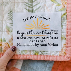 Single Custom Inspirational Quilt Label personalized for babies and kids on cotton or polyester fabric. Sew on quilt label