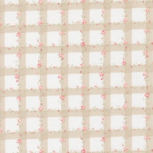 May include: A fabric with a repeating pattern of beige and white checkered squares. Each square is adorned with pink rose floral arrangements and green leaves, creating a vintage, cottagecore aesthetic.