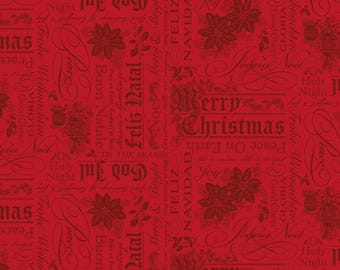 Poinsettias at Christmas Quilt Fabric Text Red C17632-RED