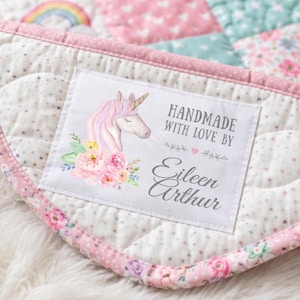 Personalized Unicorn Quilt Label – Handmade with Love Quilt Label – Custom Quilt Tag – Baby Girl Quilt Label – 6 per Sheet