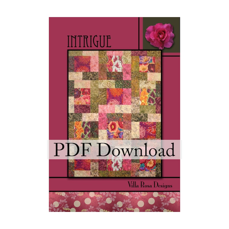 Op de afbeelding: Een roze en groen quiltpatroon met de titel "Intrigue" en de tekst "PDF Download" en de woorden "Villa Rosa Designs".