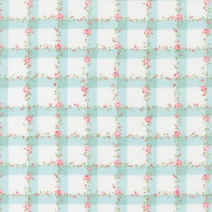 May include: A fabric with a repeating pattern of light blue and white gingham squares. Delicate pink roses and green vines are interspersed throughout the design, creating a floral and checkered pattern.